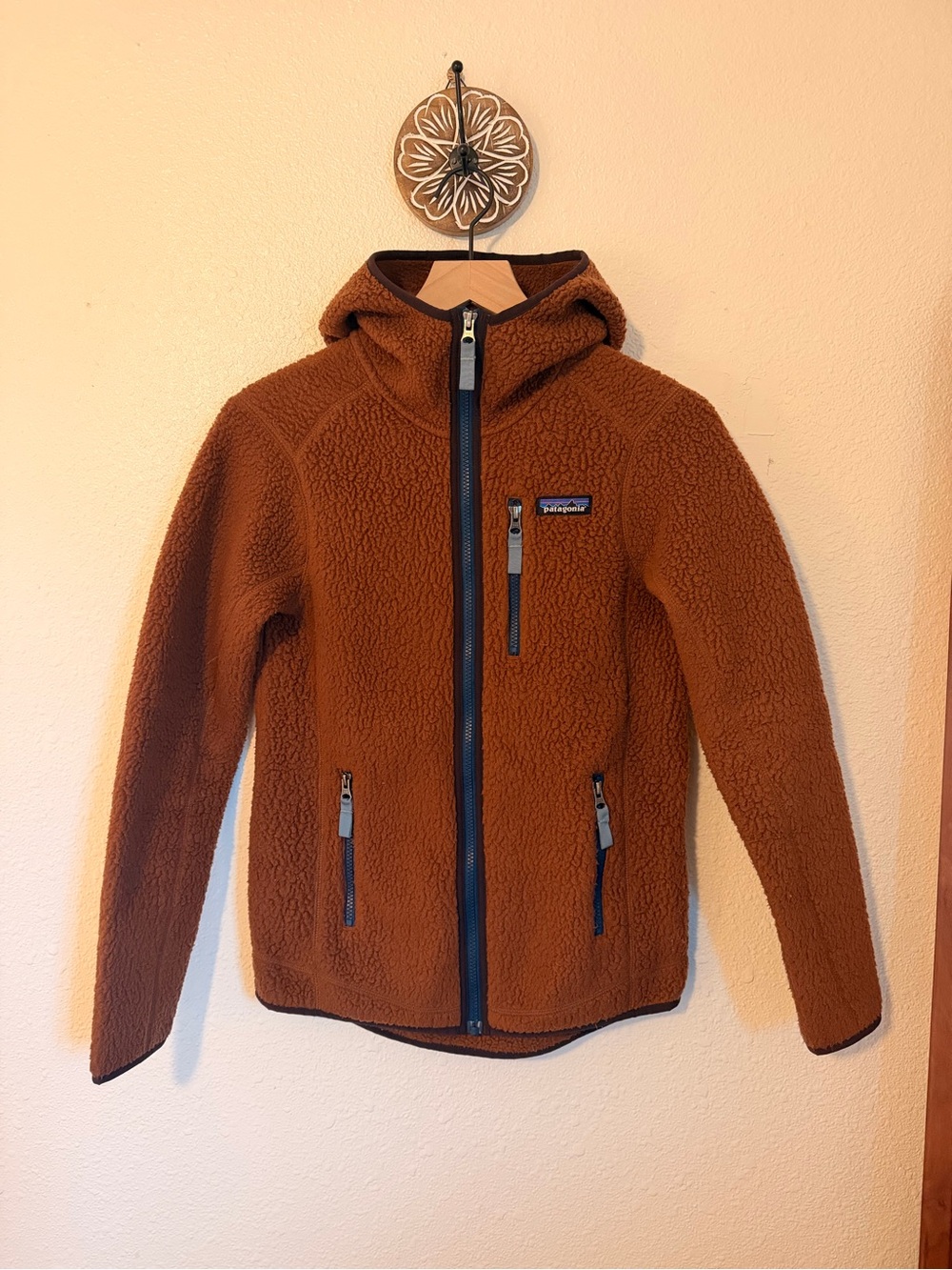 Patagonia Rust Brown Hooded Sherpa Fleece Jacket